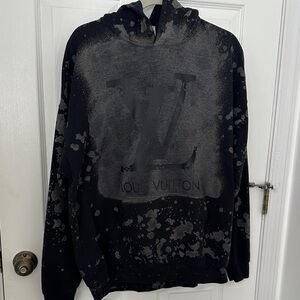 Louis Vuitton Black Hoodie with Gray Splatter, Hand Painted Distressed